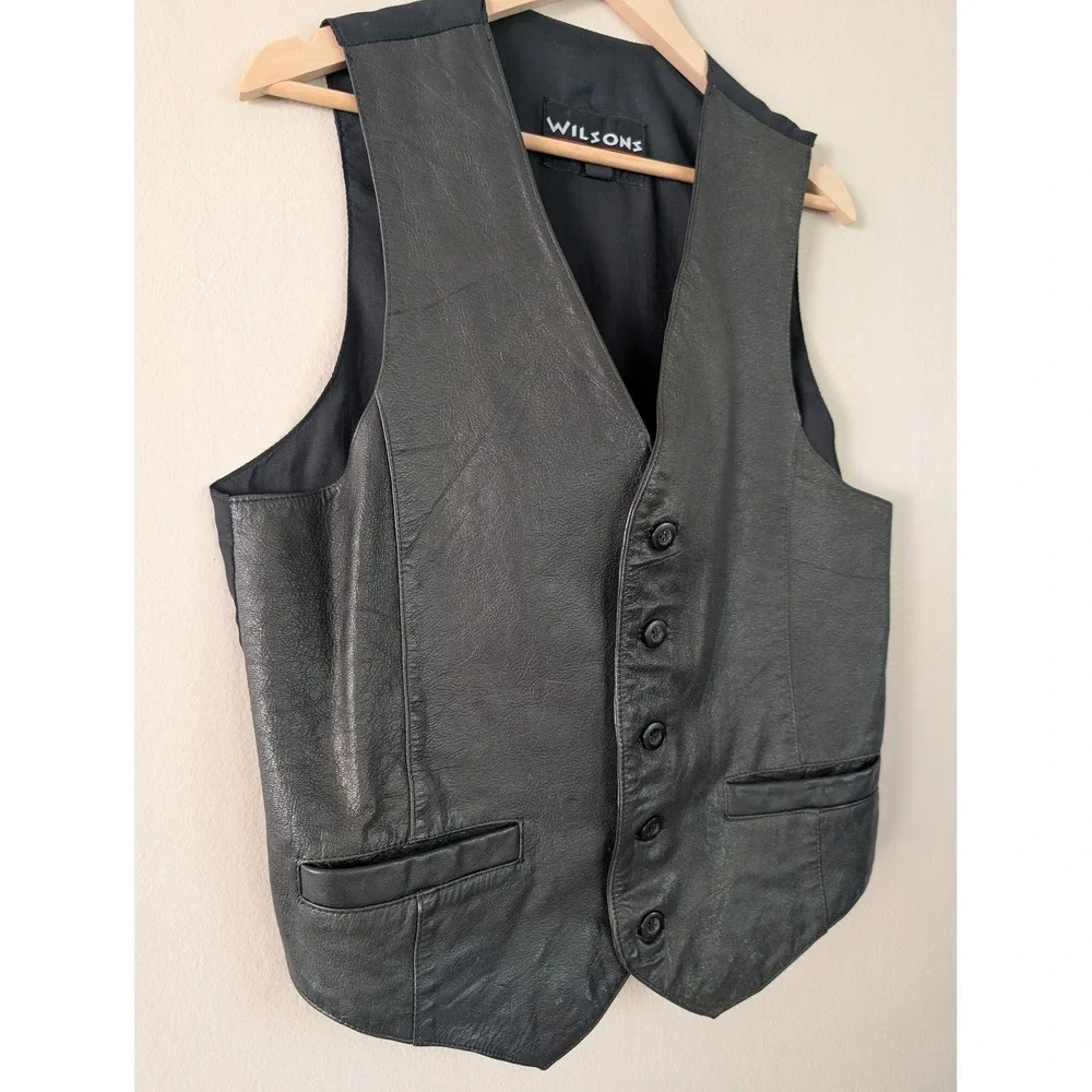 Wilsons Mens M Black Leather Button Front Vest Steampunk Biker Moto Edgy Vintage